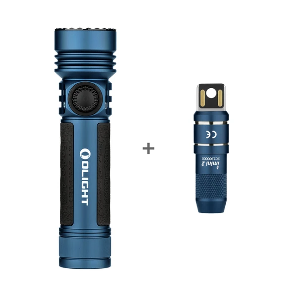 Olight Seeker 4 mini blue flashlight and Imini 2 keychain light on white background.