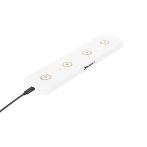 White magnetic charging base with four gold charging ports, Olight logo, and a connected black USB cable