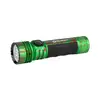Olight Green Seeker 4 Pro flashlight with red splatter design, textured grip, and side switch for tactical and Halloween use.