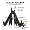Diagram of black multi-tool pocket toolbox with 12 functions labeled including pliers, saw, knife, and scissors