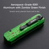 Oknife pocket knife with zombie green 6061 aluminum handle and red blood splatter design, featuring black pocket clip