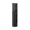 Black ArkTac flat tactical flashlight back view showing durable pocket clip and textured grip isolated on white background