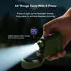 Olight Olive Green Baton 4 Premium Flashlight and Charger with digital power display, emitting a bright beam for outdoor illumination.