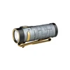 Olight Gray and Gold Baton 4 Premium Flashlight Side View with Riveted Texture and Pocket Clip for EDC and Outdoor Use