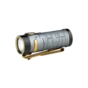 Olight Gray and Gold Baton 4 Premium Flashlight Side View with Riveted Texture and Pocket Clip for EDC and Outdoor Use
