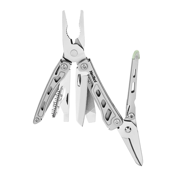 NexTool stainless steel multi-tool featuring pliers, wire cutters, knife blade, ruler, and files on white background