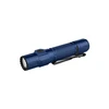 Olight Baton 3 Pro rechargeable flashlight in blue, with a clip, showing the head and ribbed body