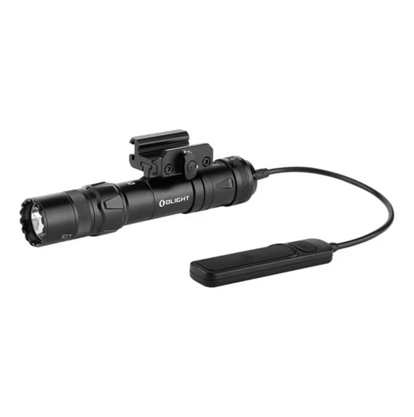 Olight black tactical weapon light with Picatinny rail mount and remote pressure switch on white background