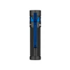 Black tactical flashlight with blue pocket clip on white background