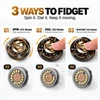 Three ways to fidget infographic showing spin, dial, and ratchet modes of a metallic EDC fidget coin.