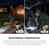 Man walking dog with flashlight, man searching car trunk, side and tail switch close-ups, dual switches.