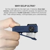 Olight Blue Oclip Ultra Side View with three light sources and 10,000-cycle tested clip, held in hand.