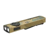 Slim flat EDC flashlight with camo pattern, dual LEDs, USB charging port, and pocket clip on black background