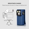 Olight Blue Oclip Ultra clip light front view with brightness adjustment instructions for versatile hands-free illumination.