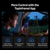Man in tent controls thermal camera with TopInfrared app on smartphone, viewing remote footage. Remote capture, advanced features, software updates, hands-free viewing.