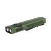 Portable green flashlight with USB-C charging, two LEDs, rotary switch, and pocket clip for everyday carry.