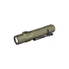 Olight olive green tactical LED flashlight with pocket clip and textured grip on white background