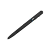 Black tactical pen with integrated LED flashlight and glass breaker tip.