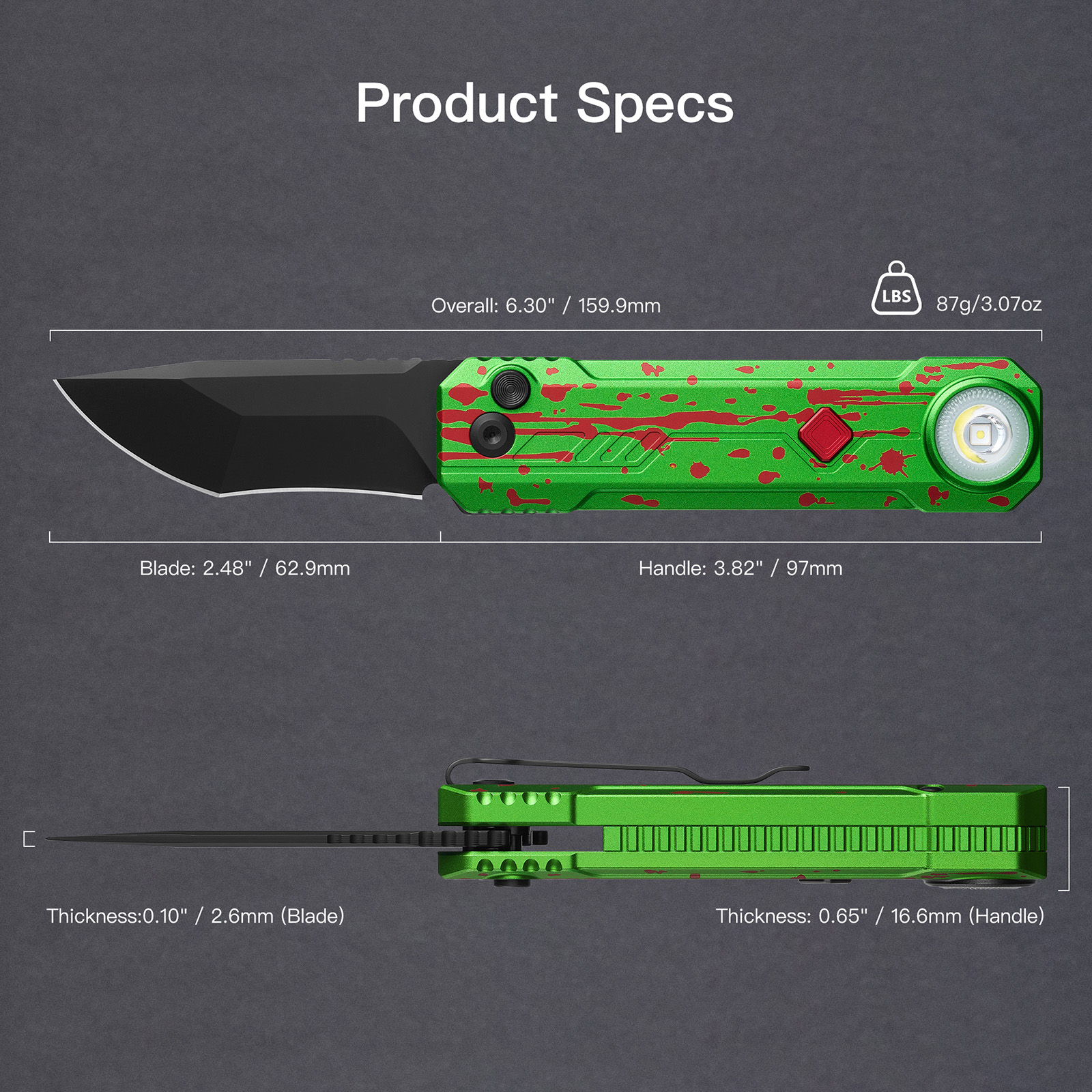 プライドオブオークニー OKNIFE LK Zombie Green 2-in-1 Folding Knife Flashlight EDC D2