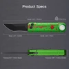 Green zombie splatter pocket knife with flashlight showing product specifications, blade length, and handle thickness.