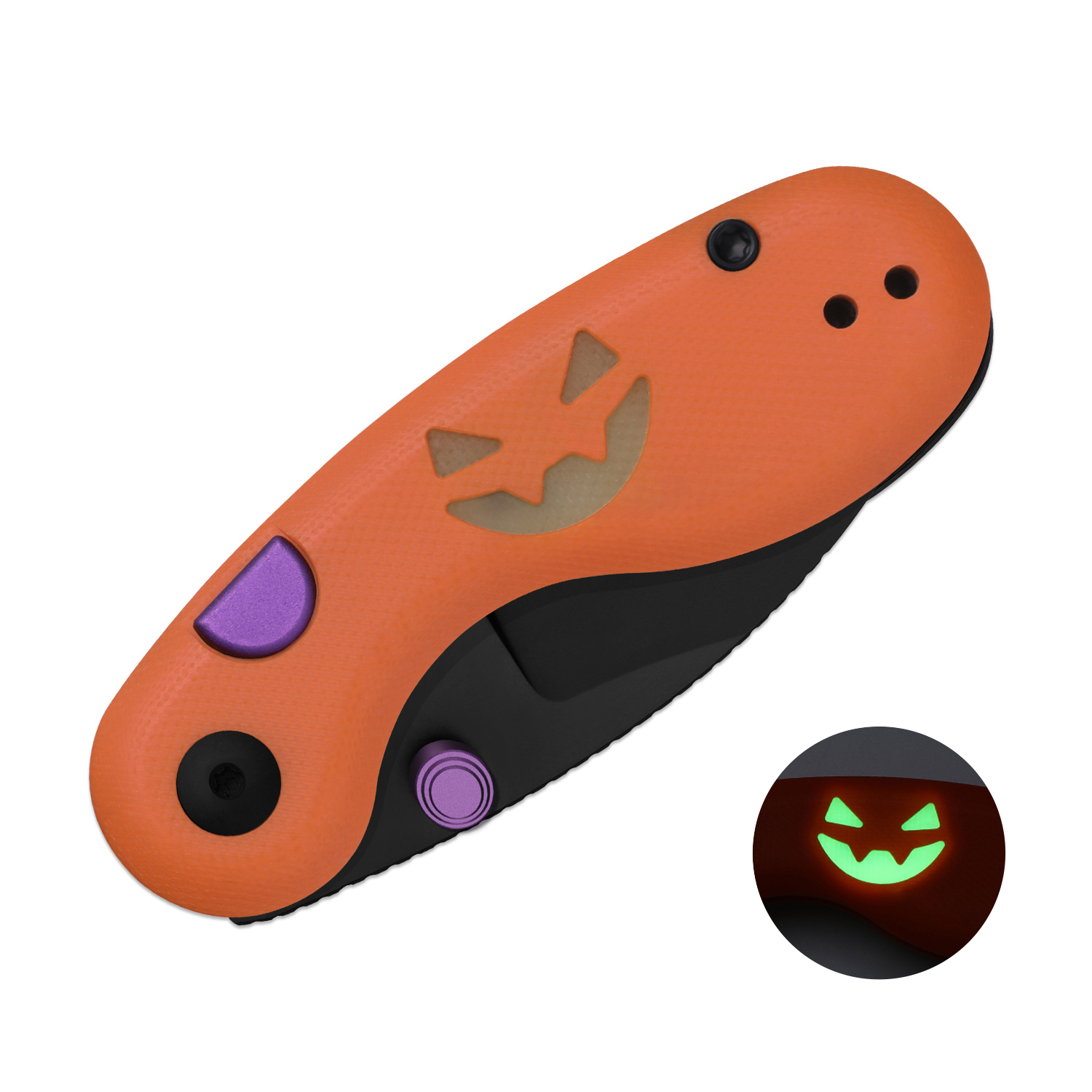 Orange pocket knife with a glow in the dark jack o lantern face purple buttons and black blade for Halloween EDC scaled gear
