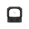 Black reflex sight with illuminated red circle dot reticle on white background