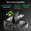 Olight Ostation 2 battery charger with AA and AAA Ni-MH and AA Li-ion batteries showing polarity-free charging compatibility