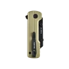 Closed gold Oknife U1 Ultra pocket knife with black pocket clip isolated on black background