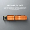 Orange Olight flashlight, disassembled, highlighting instant on/off magnetic feature for quick light access.