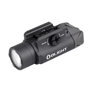 Olight black tactical weapon light with rail mount and lock switch isolated on white background