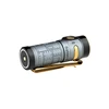 Olight Gray Baton 4 Premium Flashlight side view with textured body, gold pocket clip, and charging indicator for EDC.