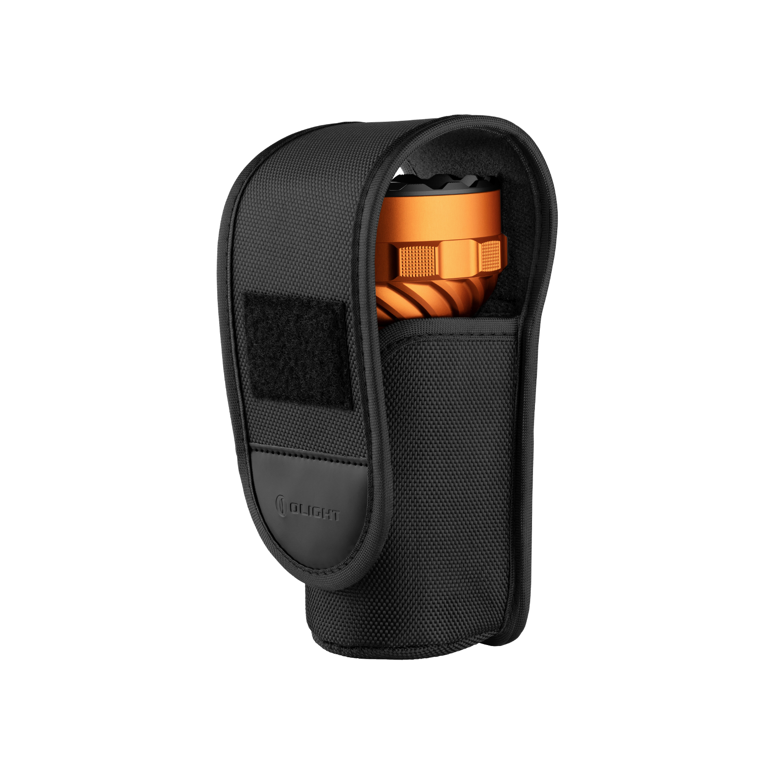 Olight Black Universal Flashlight Holster Side View holding Orange Flashlight for Duty Belt and Tactical Use