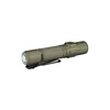 Olive drab tactical LED flashlight with black pocket clip isolated on white background