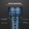 Olight Blue Marauder Mini flashlight close-up of intuitive UI with ergonomic rotary knob, brightness, battery, and light color indicators.