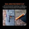 Olight Orange I3T 2 flashlight with dual-direction pocket clip, shown clipped in a pocket and on a hat for convenient EDC.