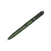 Olive green tactical pen with textured grip, bolt-action mechanism, and integrated LED light.