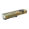 Olight Arkfeld flat flashlight in antique brass finish with green splatter pattern and black pocket clip on black background