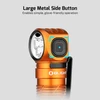 Orange Olight headlamp with large metal side button for simple, glove-friendly operation.