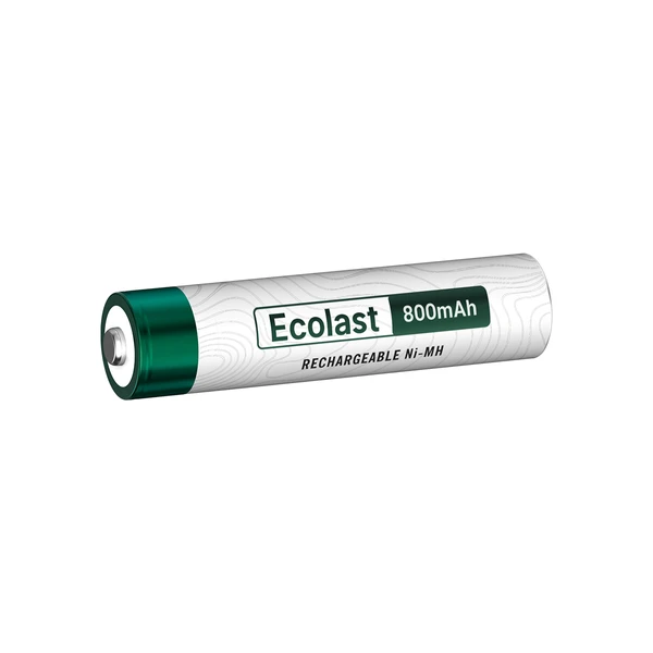 Ecolast 800mAh rechargeable Ni-MH battery on white background