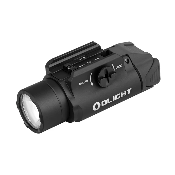 Olight tactical weapon light, black, with rail mount and clear lens.