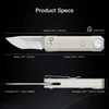 Product specifications diagram of a pocket knife with dimensions for blade length, handle thickness, and overall weight.