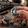 Hand spinning an ornate metal fidget toy with blue beads at a desk, featuring pocket, gift, and collection showcases.