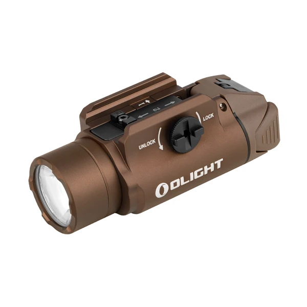Olight Desert Tan PL-3S Weaponlight Angled View with Quick-Release Mount for Tactical Use