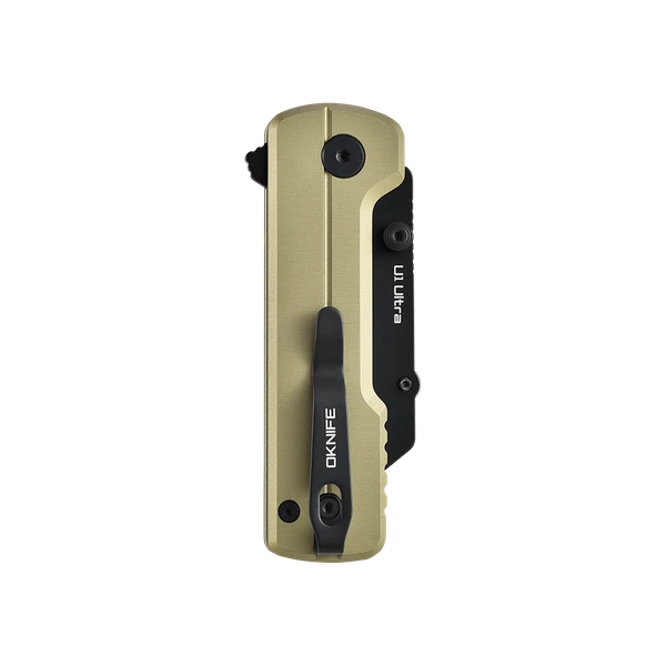 Oknife U1 Ultra folding pocket knife with a gold handle and black pocket clip, isolated on a black background.