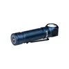 Blue Olight right-angle flashlight, textured body, pocket clip, magnetic base.