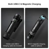 Olight Black Seeker 4 Pro rechargeable flashlight showcasing USB-C and magnetic charging options, with holster.