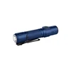 A blue tactical flashlight with a textured grip and a black pocket clip.