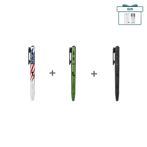 Three Olight Open Glow rechargeable penlights in flag, green, and black finishes with a free gift box set.