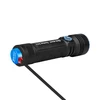 Olight Seeker 3 Pro rechargeable flashlight charging with blue magnetic MCC cable on white background
