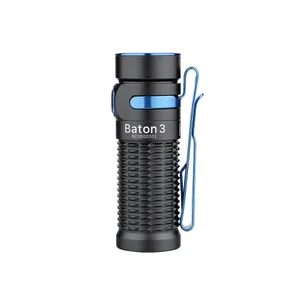 Olight Black Baton 3 Premium Edition Side View with Blue Pocket Clip and Textured Grip for Everyday Carry